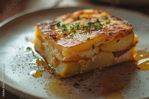 Close-up slice of Spanish tortilla de patatas showing layers of potato and egg, garnished with parsley and olive oil.