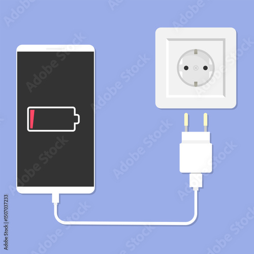 Smartphone with low battery notification icon and charging adapter. Vector illustration for representing concepts related to technology, battery management, and electronic device charging