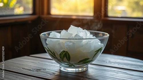 A clear glass bowl filled with ice cubes sits on a wooden table in a bright room.