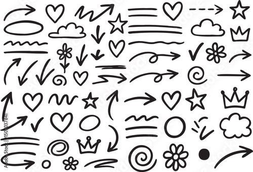 Hand Drawn Doodle Vector Elements – Arrows, Hearts, Clouds, Stars, Crowns, Flowers and Scribble Lines in Black Outline Style for Social Media, Journal Graphics, Scrapbooking and Creative DIY Projects