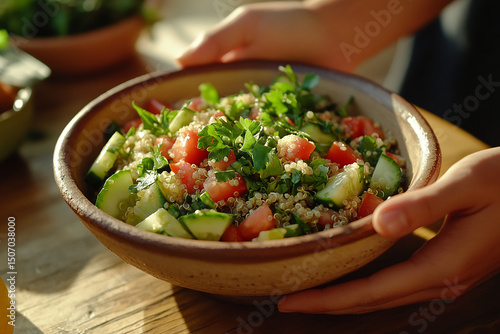 fresh Mediterranean quinoa salad served in a rustic bowl, featuring diced cucumbers, tomatoes, and parsley