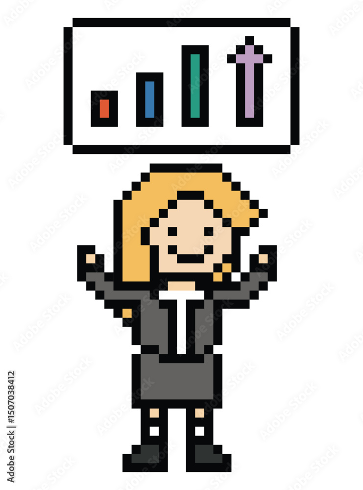 Fototapeta premium Cartoon cute pixel cartoon 8bit character business woman office talent work success business 8 bit female lady businesswoman career smart character game png vector.