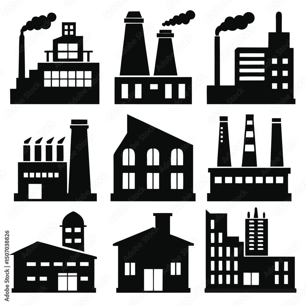 Obraz premium Silhouette Icon Set of Industrial Factory Designs
