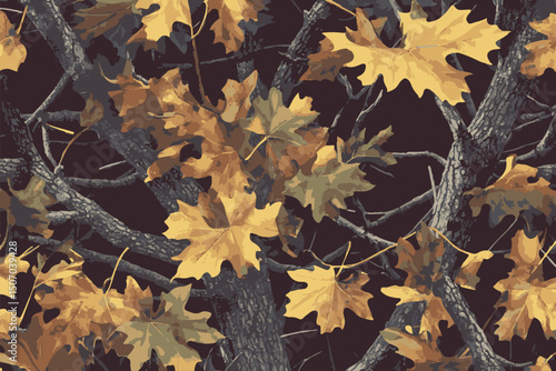 Camouflage seamless pattern. black camouflage background. Forest real tree camouflage design. Winter hunting camouflage. Digital camo