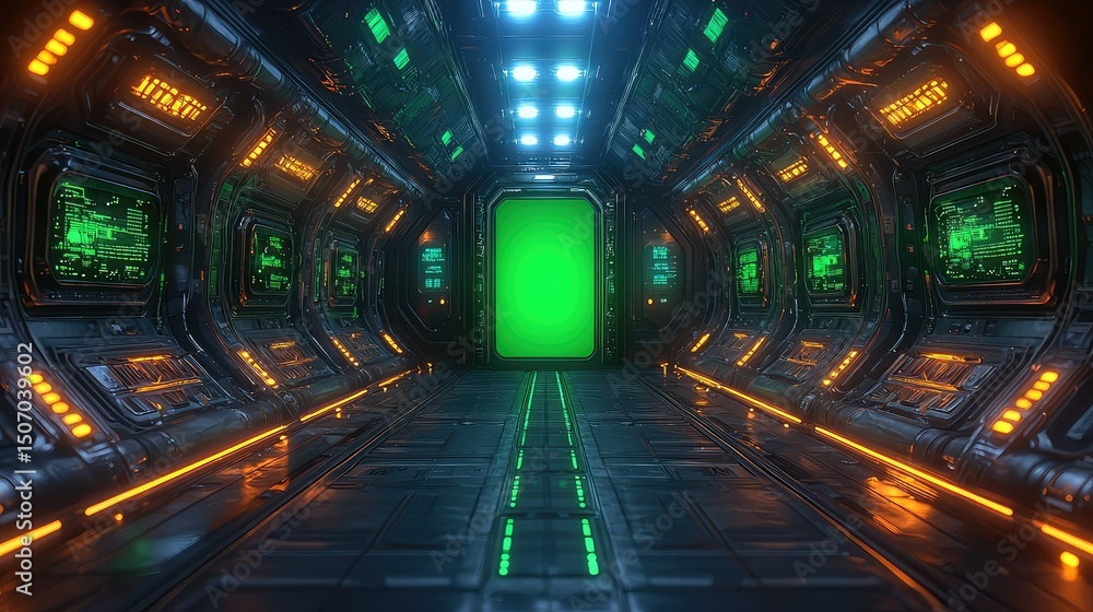 Fototapeta premium Futuristic corridor with glowing panels and green screen.