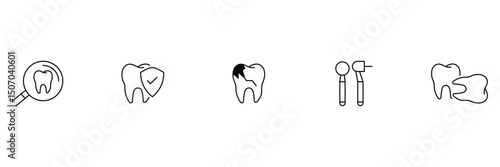Dental outline icon set. Containing tooth, dentist, toothpaste, toothbrush, teeth, implant and dentistry icons. Tooth, protect, healthy, shiny smile etc. Vector illustration. 