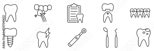 Dental 10 outline icon set. Containing tooth, dentist, toothpaste, toothbrush, teeth, implant and dentistry icons. Tooth, protect, healthy, shiny smile etc. Vector illustration. 