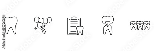 Dental outline icon set. Containing tooth, dentist, toothpaste, toothbrush, teeth, implant and dentistry icons. Tooth, protect, healthy, shiny smile etc. Vector illustration. 