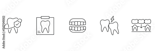 Dental outline icon set. Containing tooth, dentist, toothpaste, toothbrush, teeth, implant and dentistry icons. Tooth, protect, healthy, shiny smile etc. Vector illustration. 