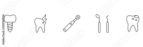 Dental outline icon set. Containing tooth, dentist, toothpaste, toothbrush, teeth, implant and dentistry icons. Tooth, protect, healthy, shiny smile etc. Vector illustration. 