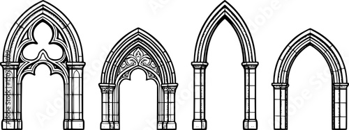 Gothic Church Archway Vector Set – Hand-Drawn Black Ink Architectural Arches on White Background Featuring Pointed, Ogee, Trefoil, Lancet, and Decorated Styles – Historic Cathedral Entrance Designs
