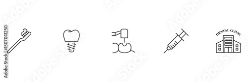 Dental outline icon set. Containing tooth, dentist, toothpaste, toothbrush, teeth, implant and dentistry icons. Tooth, protect, healthy, shiny smile etc. Vector illustration. 