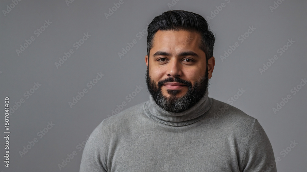 Fototapeta premium Portrait of a handsome man with a full beard, wearing a grey turtleneck, smiling slightly.