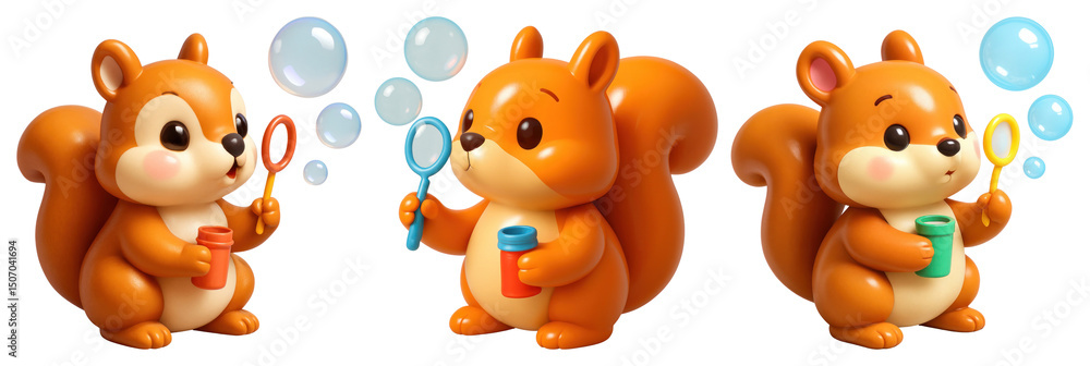 Fototapeta premium PNG Cute squirrels blowing bubbles, element set on transparent background