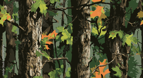 Realistic forest camouflage. Seamless pattern. tree, branches and leaves. Useable for hunting and military purposes. Hunting camouflage pattern