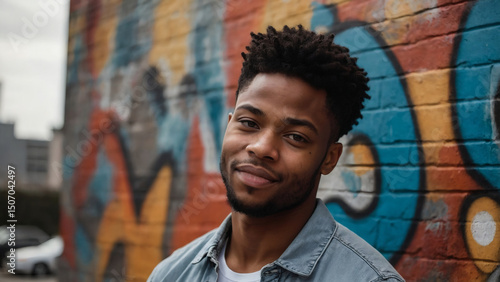 A stylish black man smiling in front of a colorful graffiti-covered brick wall in the city.