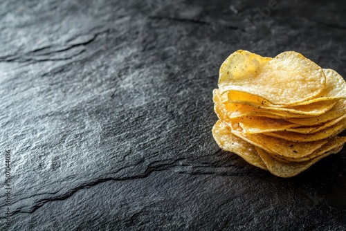 Crispy potato chips stacked on slate surface food photography minimalist style close-up shot textured background for snack aficionados