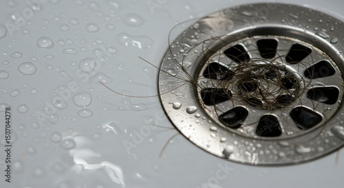 The drain in the wet bath is clogged with hair