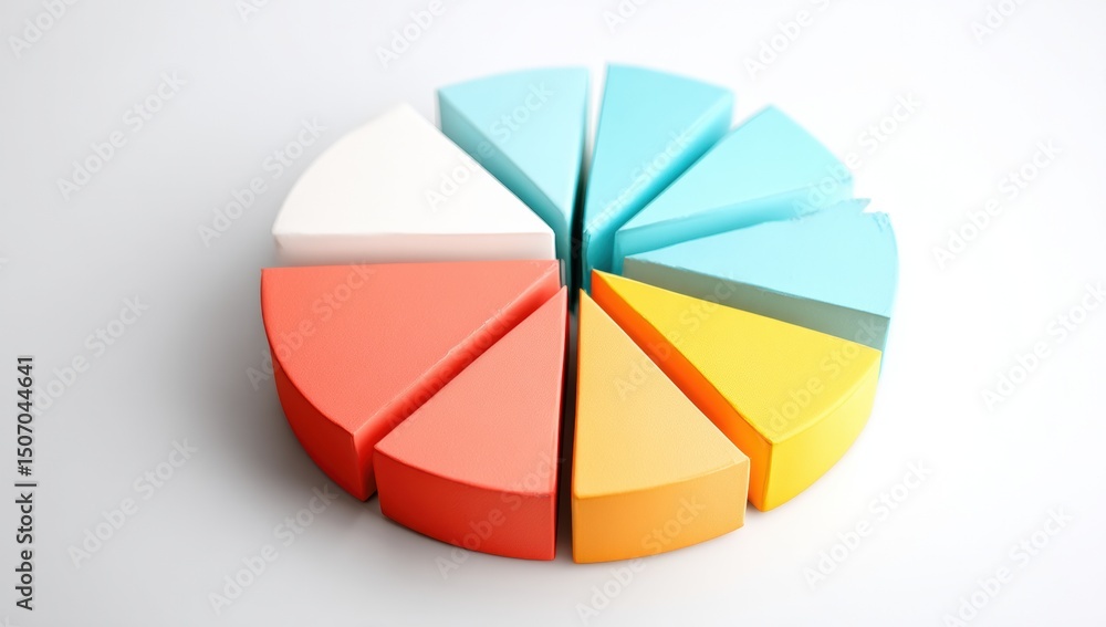 Obraz premium A colorful segmented pie chart with pastel sections on a white background, representing data visualization or information distribution.
