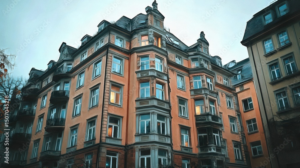 Fototapeta premium Apartment building in Romanticism style architecture in an urban environment cityscape