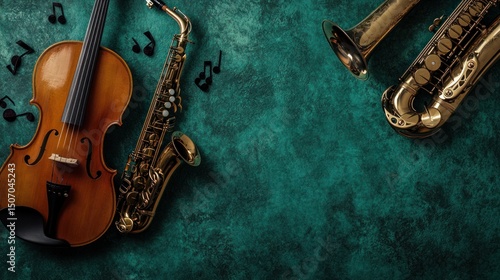 Elegant Musical Instruments Violin Saxophone Trumpet Teal Background