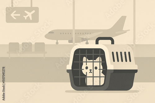 A kitten in a pet carrier at a busy airport, calm and ready for travel, pet transportation amidst travel hustle
