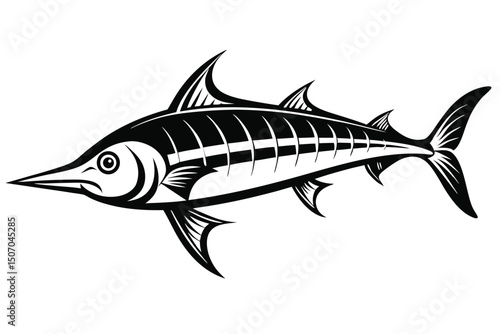 Black and White Marlin Fish Illustration with Sharp Bill and Streamlined Body Style