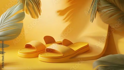 A pair of yellow sandals with a jungle theme and good lighting. 