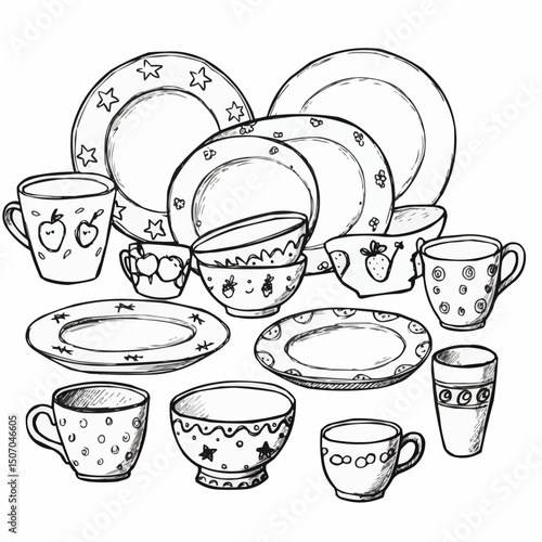 Cartoonish hand-drawn dishware collection featuring plates and cups  