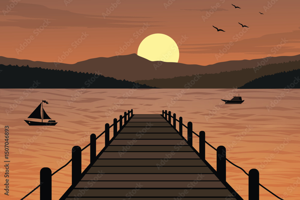Obraz premium Beautiful Evening Landscape with Lakeside Wooden Pier at Sunset, Silhouetted Sailboats, Distant Hills, Flying Birds, and Glowing Orange Sky. Tranquil Nature Background Illustration