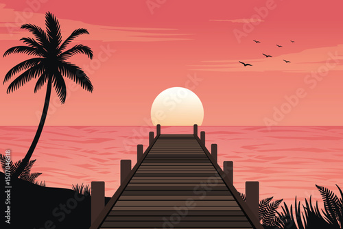 Tropical Sunset Landscape with Wooden Pier, Silhouetted Palm Tree, Coastal Foliage, and Flying Birds Against a Vibrant Pink and Orange Sky. Serene Beachside Nature Illustration at Dusk