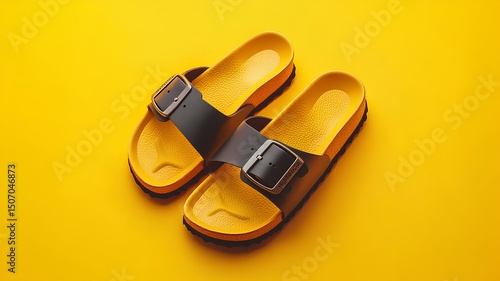 A pair of sandals in yellow with an old sandal holder