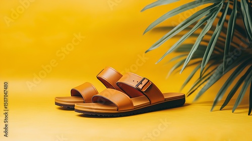 Old sandals on a yellow background with leaves beside them