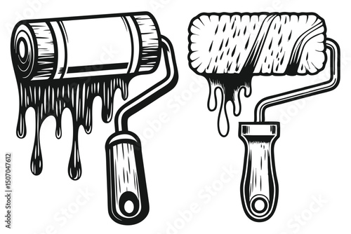 Paint Roller Set Isolated, Black and White Line Art Illustration, Renovation Tools, Ink Drips