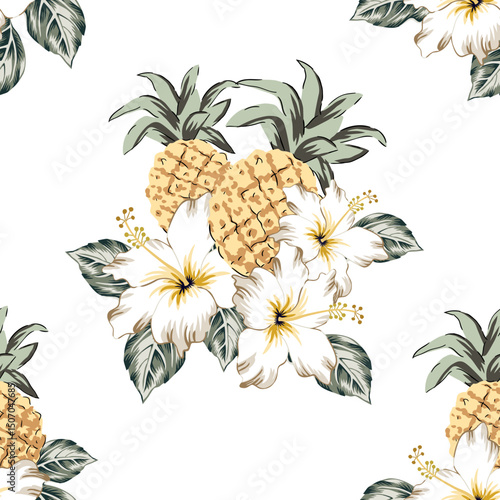Tropical pineapple fruits, yellow hibiscus flowers, leaves, white background. Seamless pattern. Vector illustration. Exotic plants. Summer beach design. Paradise nature