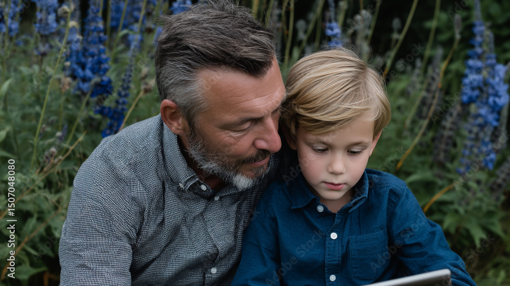 Fototapeta premium Father and son using tablet outdoors.