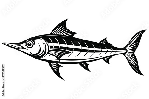 Stylized Black and White Vector Illustration of a Swordfish with Detailed Fins and Bill