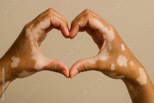 Hands with vitiligo forming a heart shape on beige background. Symbol of self-love, diversity