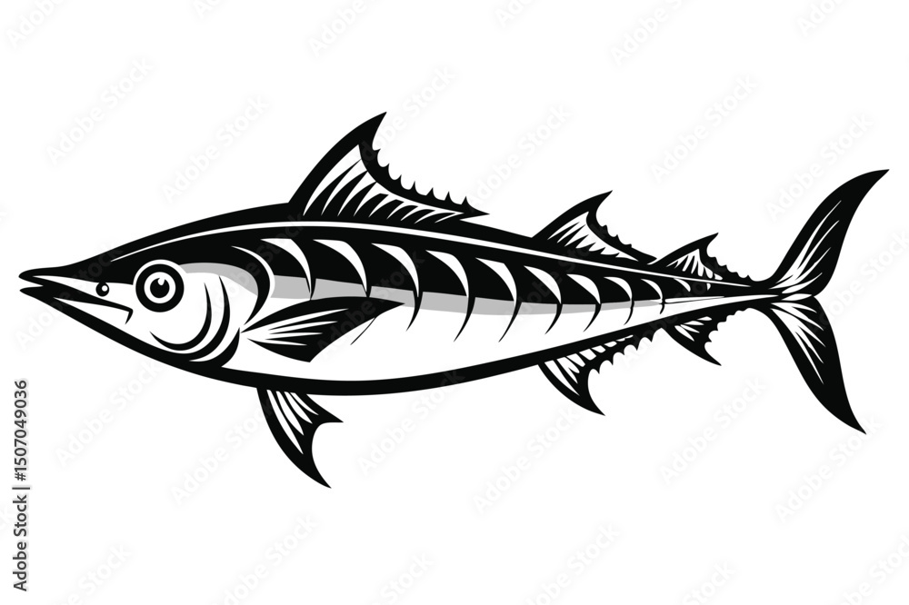 Fototapeta premium Monochrome Vector Illustration of a Striking Wahoo Fish with Detailed Fins and Tail