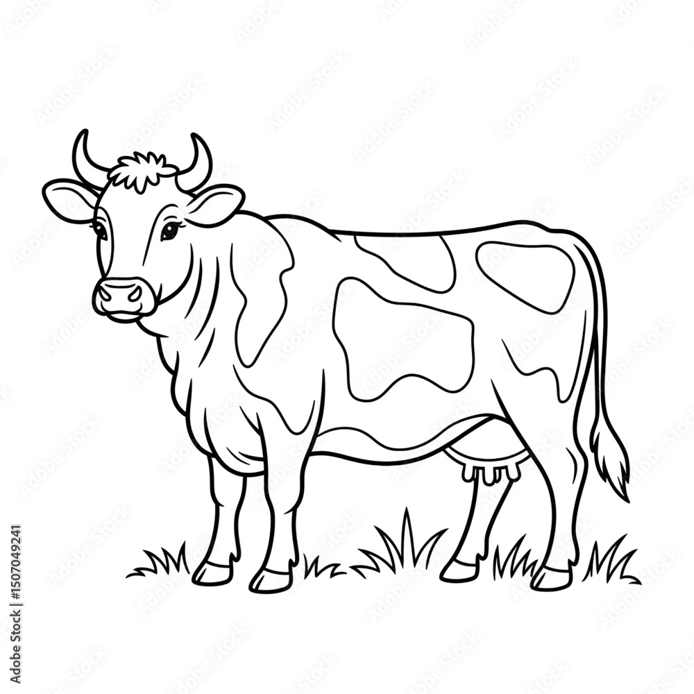 Fototapeta premium A black and white cow illustration line art of a coloring page