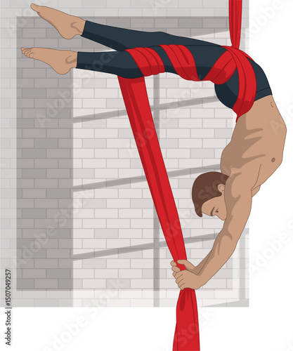 aerial silk acrobatics and sports, flexible male artist in a suspended pose using an aerial silk fabric with shadow from a window on a brick wall
