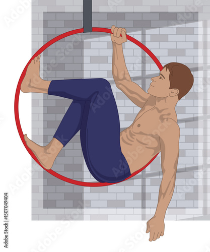 aerial hoop acrobatics and sports, flexible male artist in a suspended pose using an aerial hoop with shadow from a window on a brick wall