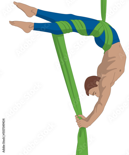 aerial silk acrobatics and sports, flexible male artist in a suspended pose using an aerial silk fabric isolated on a white background