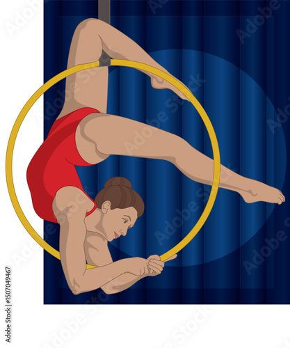 aerial hoop acrobatics and sports, flexible female artist in a suspended pose using an aerial hoop in front of blue curtains