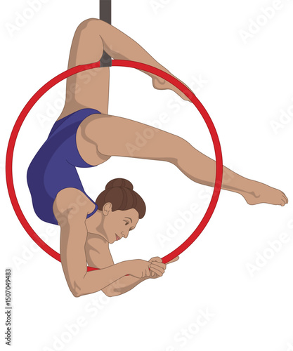 aerial hoop acrobatics and sports, flexible female artist in a suspended pose using an aerial hoop isolated on a white background