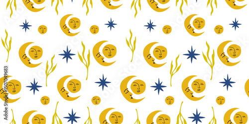 Vector seamless pattern with sun, moon and stars. Mystical ornament in retro cartoon style for greeting card, wallpaper, wrapping paper, fabric. Bohemian art illustration