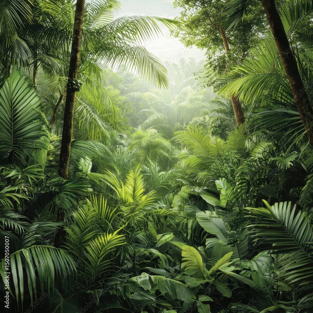 Fototapeta premium Lush green foliage in a vibrant tropical rainforest setting.