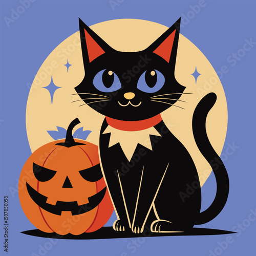 Vintage Halloween cat and pumpkin illustration vector illustration