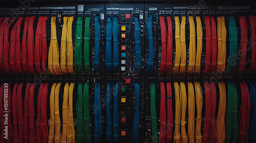 Colorful network cables connected to a server rack. Organized communication and connectivity symbolized by the structured arrangement of wires in data center.