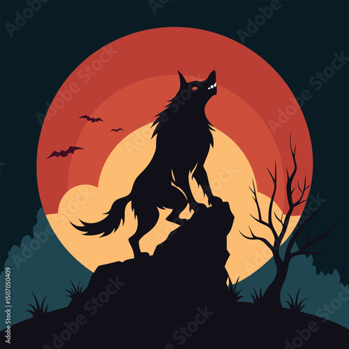 Werewolf howling at the moon silhouette vector illustration